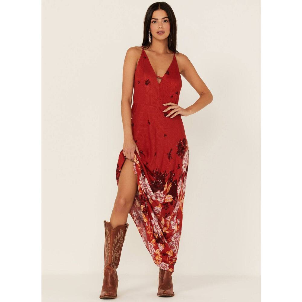 Free People Women's Get To You Floral Print Maxi Dress Red  Size L